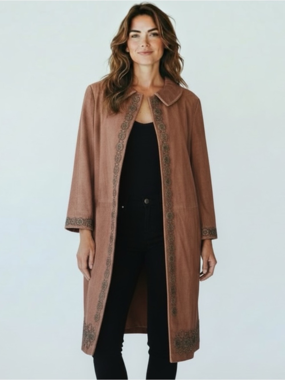 ELIE TAHARI Women's Brown Suede Coat with Adornments